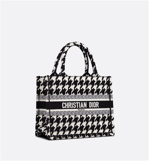 Small Dior Book Tote Black and White Houndstooth Embroidery